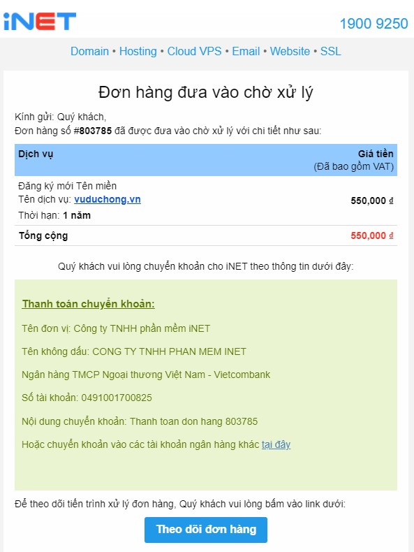 Email đơn Hàng đưa Vào Chờ Xử Lý